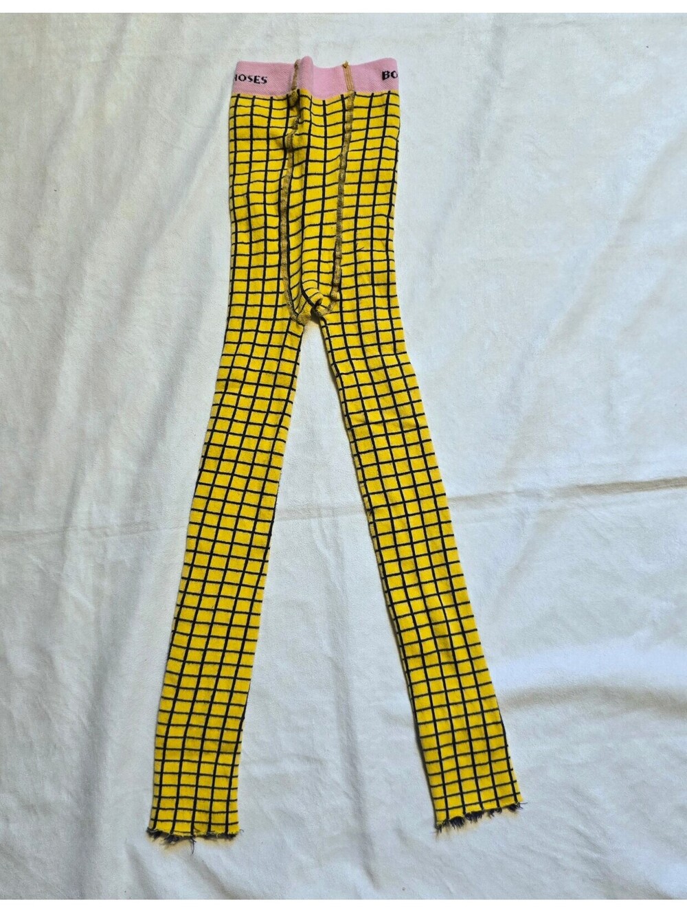 Bobo Choses Yellow and Black Checkered Knit Leggings with Pink Waistband, Size 2